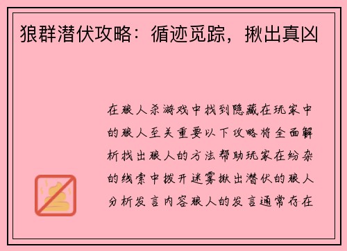 狼群潜伏攻略：循迹觅踪，揪出真凶