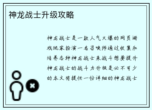 神龙战士升级攻略
